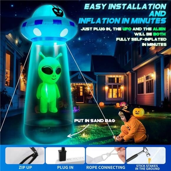 New 9.5Ft Towering Halloween Inflatables Decorations Outdoor UFO Alien, Huge - Picture 4 of 7
